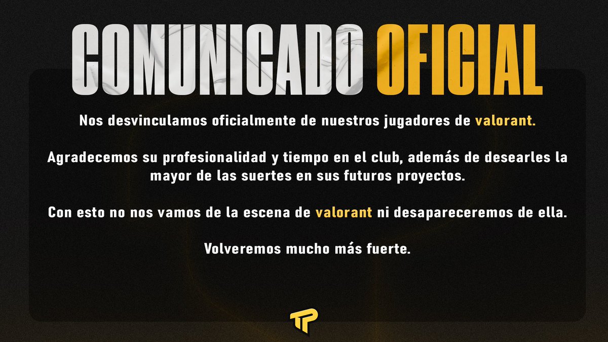 FelesGamingClub's tweet photo. #Comunicado 📝
Nuestros desvinculamos de nuestro staff y jugadores de #VALORANT de forma amistosa.
Volveremos 💪#GoPops🍿 https://t.co/ylUqLFYeuH