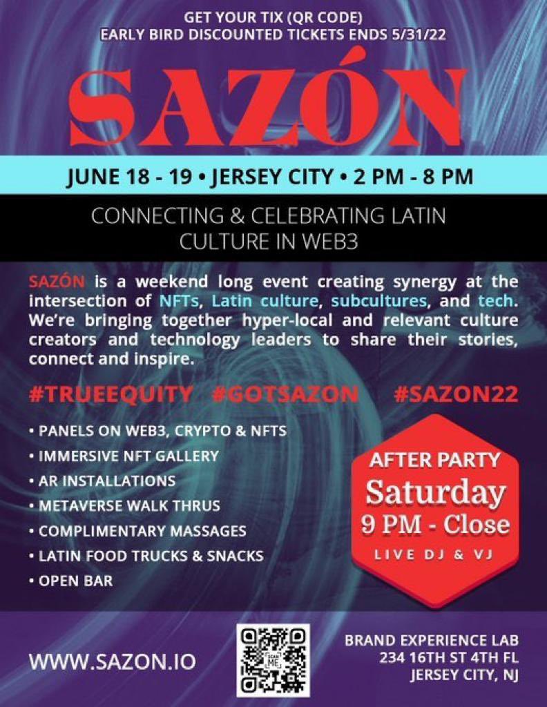 Mardy_NFT's tweet photo. GM ☕️

Today’s the day!

@Sazonweb3 Latin Web3 #NFTNYC event featuring one of our co-founders @YesImJose 

Head to https://t.co/Ll8d93I1Ws for the full program. https://t.co/ztEMypPVU7