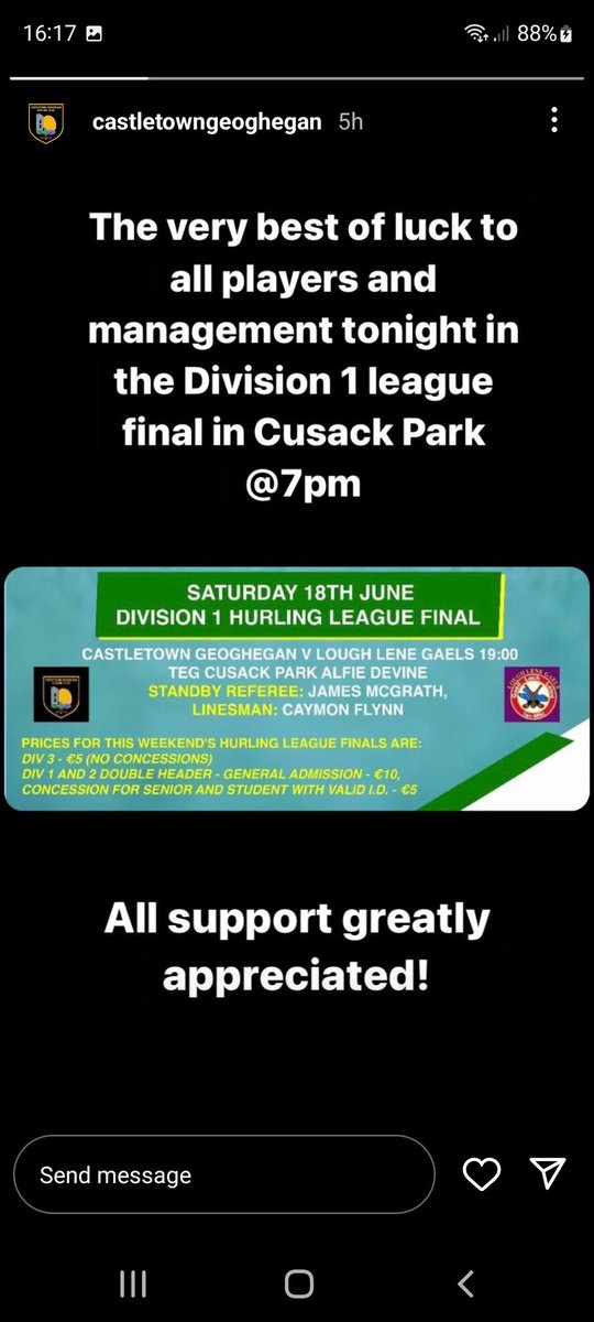 CTGHurling's tweet photo. Div1 league final ...best of luck this evening to the lads https://t.co/vlcf5fjzT3