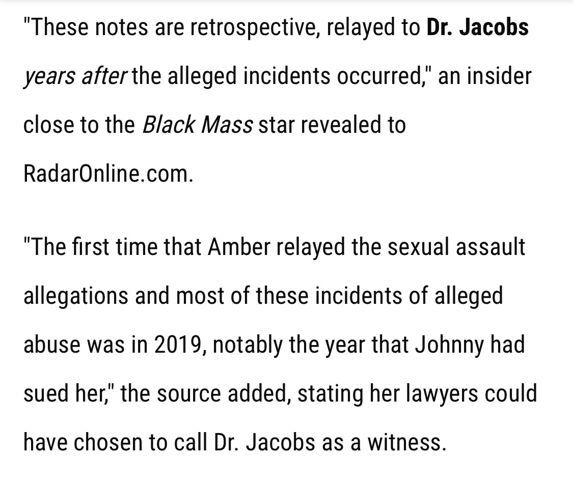 Well this is interesting…

“Anything contained in Dr Jacobs’ notes…were written years after Amber Heard claims the incidents occurred

If there was truly anything important in Dr Jacobs’ paperwork, Heard’s lawyers would’ve called her to the stand as a witness, but they did not”