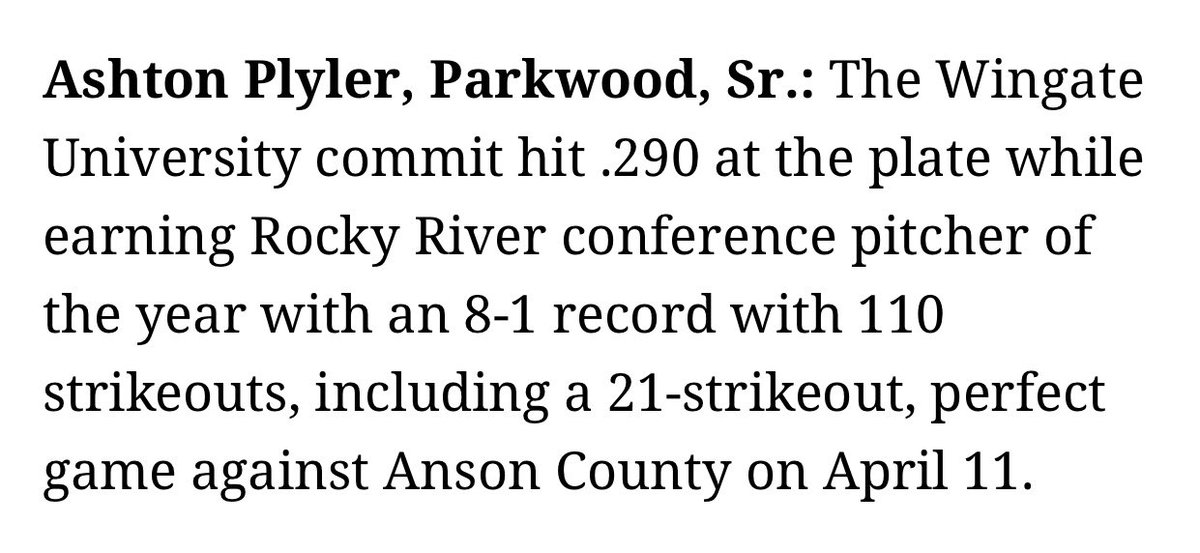 Ashton Plyler Class of 2022 6’2 RHP Parkwood HS Wingate Commit <a href="/ParkwoodBB/">Parkwood Baseball</a> <a href="/RockyRiver2A/">Rocky River 2A/3A Athletics</a> <a href="/UCHOOPS/">Union County Hoops, Football, Baseball & Softball</a>                                            2022 All Charlotte Observer Baseball Team- 1st Team Selection