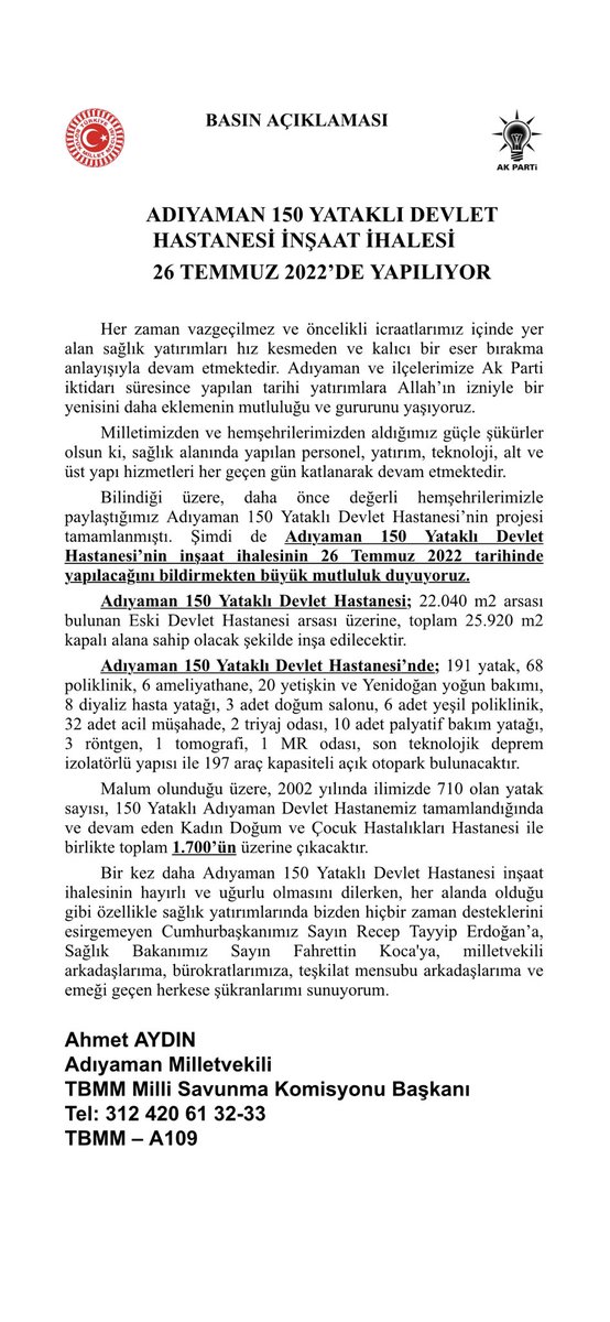 AhmetAYDIN_02's tweet photo. SÖZ VERDİK,YAPIYORUZ.

Adıyaman 150 Yataklı Devlet Hast. İnşaat ihalesi,26.07.2022’de saat:10.00’da yapılacaktır.
Hayırlı olsun.

Durmak yok!
Hizmete,yatırıma devam…

İşimiz Hizmet,
Gücümüz Millet,
Derdimiz Memleket…
#SevdamızAdıyaman

Teşekkürler🙏
@RTErdogan 
@drfahrettinkoca https://t.co/ZddnMXmArF