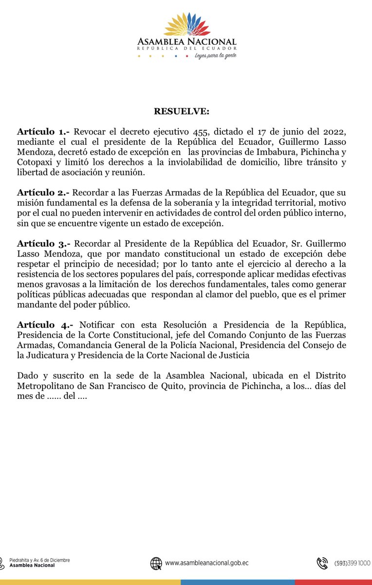 Borrador que discuten las fuerzas parlamentarias para tumbar el decreto de Estado de excepción del presidente Guillermo Lasso. Aún no hay acuerdo. 

Pero en ese caso, el Gobierno quedaría con los pantalones abajo.