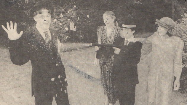 #37 We don't have many photos from this show but this is one which made the local papers.  From our 1994 production of 'Bugsy Malone' in Filby Church Hall.  The custom-made splurge guns worked a treat!