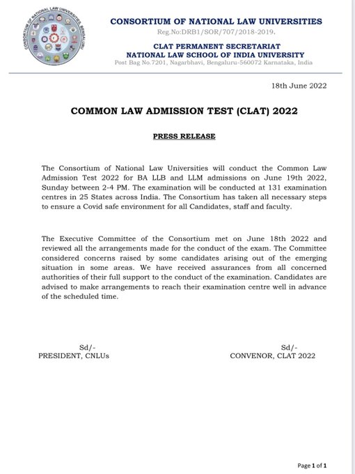 firstbiharnews's tweet image. अग्निपथ विरोध : CLAT 2022 एक्ज़ाम पूर्व निर्धारित समय पर होगी, कंसोर्टियम ने कार्यक्रम में बदलाव नहीं किया #CLAT2022 #AgnipathProtests