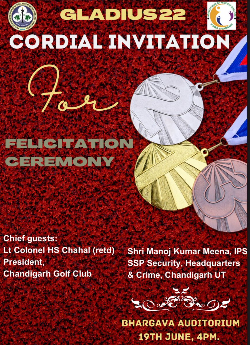 rahul7464's tweet photo. #ARD #PGIMER #Sports_Fest_2022 #Galdius_2022 @PgimerFest will be celebrating the felicitation ceremony tomorrow at 4 pm in Bhargava Auditorium.🏏🏀🏸🏊 https://t.co/VZZTXSpL8S