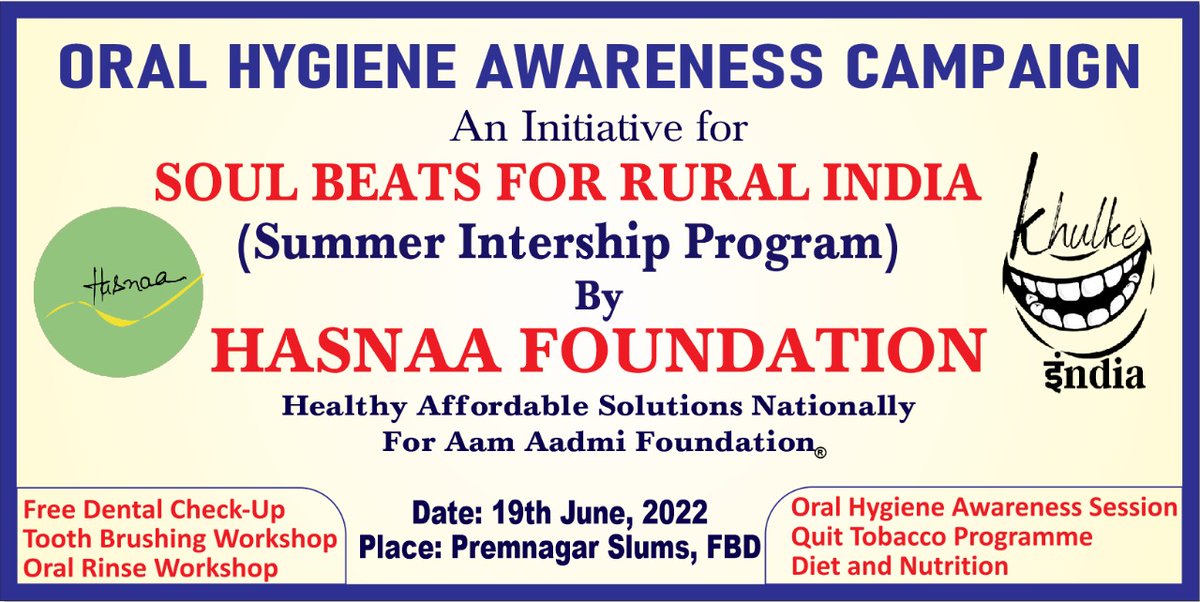 HasnaaNGO's tweet photo. "Soul Beats for Rural India"

अन्न अक्षर औषधि,
है, सबसे बड़ी उपलब्धि।

Summer Internship Initiative by HASNAA  Foundarion 
Oral Hygiene Awareness Campaign and Free Dental Check up at Premnagar Slums, Neharpar, Faridabad. 
19th June'22, 9 am onwards.

#RuralOralCare #Healthcare https://t.co/r7PhjuZ3v2