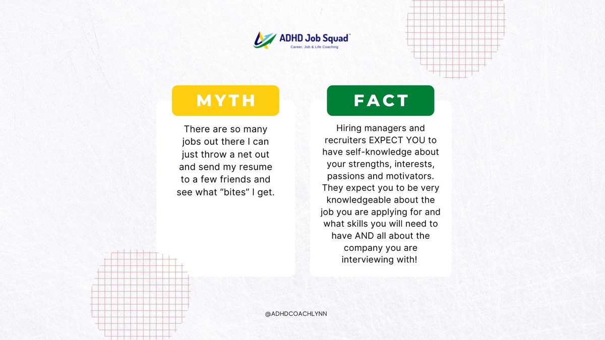adhdjobsquad's tweet photo. Please share this with someone who would benefit from this information! Also, be sure to check out my latest blog where you can learn more about the career development process.

#adhd #adhdjobsquad #careermyths #mythbusters https://t.co/UoLiTgcenL