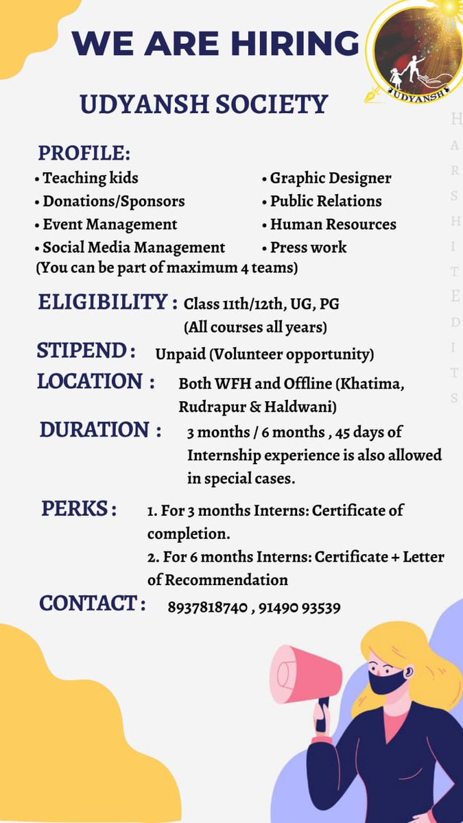Udyansh_Society's tweet photo. Looking for an *Internship*?🤩

_*Udyansh Society*_ is elated to announce that we are hiring Interns!!!!! 👩🏻‍💻🧑🏻‍💻

You do not want to miss this chance to undertake this amazing *3 months/6 months* journey...
Filled with perks, incentives and a unique social work experience! 🌟 https://t.co/LayiQ4BqOS