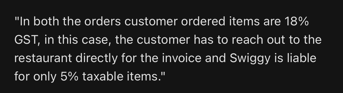 <a href="/SwiggyCares/">Swiggy Cares</a> <a href="/CVCIndia/">CVC, Govt. of India</a> <a href="/swiggy_in/">swiggy</a> Not sharing tax invoice for the 2 orders, making ridiculous statements instead.Please investigate.