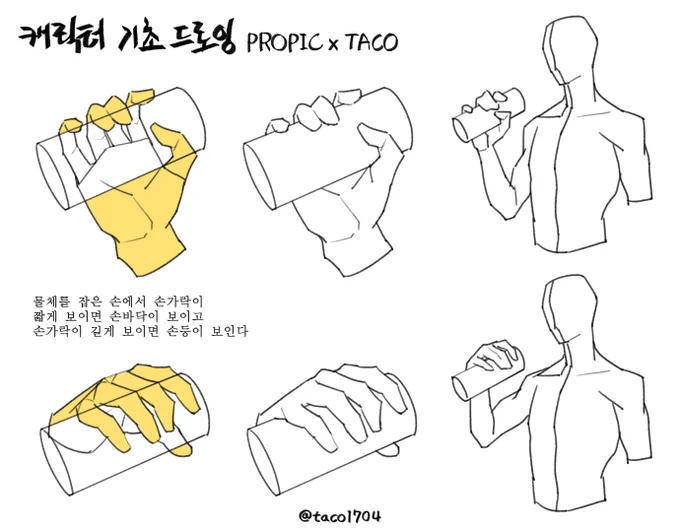 물체를 잡은 손에서 손가락이 짧게 보이면 손바닥이 보이고 손가락이 길게 보이면 손등이 보인다 