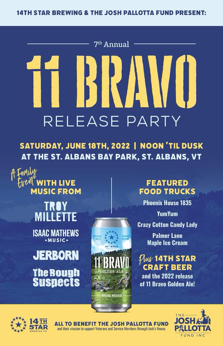 ValeriePallotta's tweet photo. Location change! r 11 Bravo event today has been moved to @14thStarBrewing! Mother Nature can be so moody. Can't wait to see everyone! Come support @PallottaFundInc #JoshsHouseVT #endVeteransuicide #forJoshua https://t.co/Ky34QjMAMh