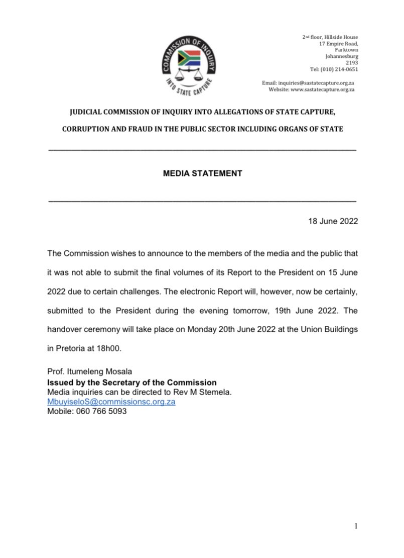 Media Statement. #StateCaptureInquiry