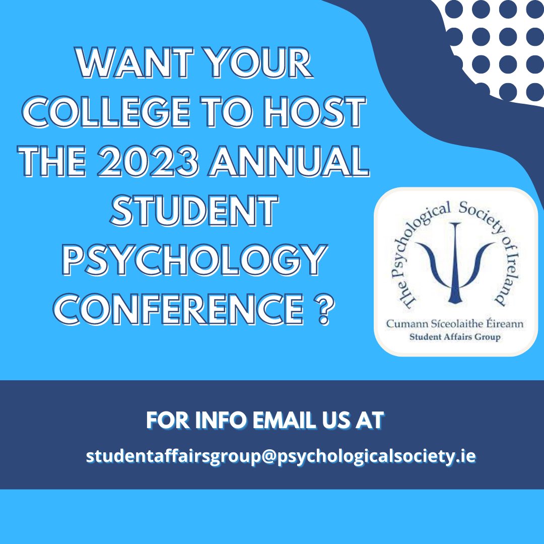 PSI Student Affairs (@psi_sag) on Twitter photo Calling all psychology socs!!! 📢
The PSI's All-Ireland Student Congress is an opportunity for students to present their research to peers from all over Ireland 🇮🇪
Want the 2023 congress to be held in your college?
Email us!! 📧
studentaffairsgroup@psychologicalsociety.ie Calling all psychology socs!!! 📢
The PSI's All-Ireland Student Congress is an opportunity for students to present their research to peers from all over Ireland 🇮🇪
Want the 2023 congress to be held in your college?
Email us!! 📧
studentaffairsgroup@psychologicalsociety.ie