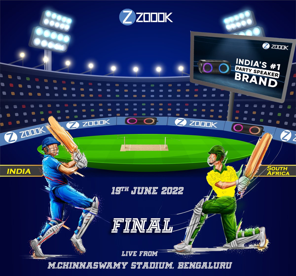 Zoook_India's tweet photo. Get ready to watch the final live with #Zoook
Today @7PM
Live from Bengaluru
#Zoookindia #T20 #cricket #india #southafrica #match https://t.co/zsY9nJwkot