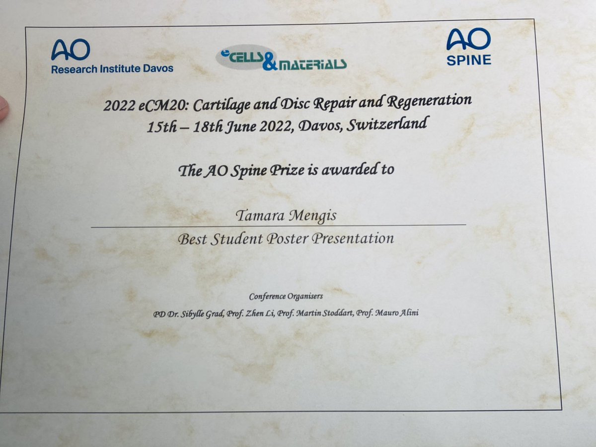 Stefan Dudli (@modicchanges) on Twitter photo 3 days of excellent talks & networking <a href="/eCM_Journal/">eCM Journal</a> Congress. Congrats to my entire group <a href="/IrinaHeggli/">Irina Heggli</a>, Nick Herger, Tamara Mengis, Friederike Schulze. Excellent presentations! This team effort was awarded with the Best Poster presentation for Tamara. Congrats! <a href="/OrsSpineSection/">ORS Spine Section</a> 3 days of excellent talks & networking <a href="/eCM_Journal/">eCM Journal</a> Congress. Congrats to my entire group <a href="/IrinaHeggli/">Irina Heggli</a>, Nick Herger, Tamara Mengis, Friederike Schulze. Excellent presentations! This team effort was awarded with the Best Poster presentation for Tamara. Congrats! <a href="/OrsSpineSection/">ORS Spine Section</a>