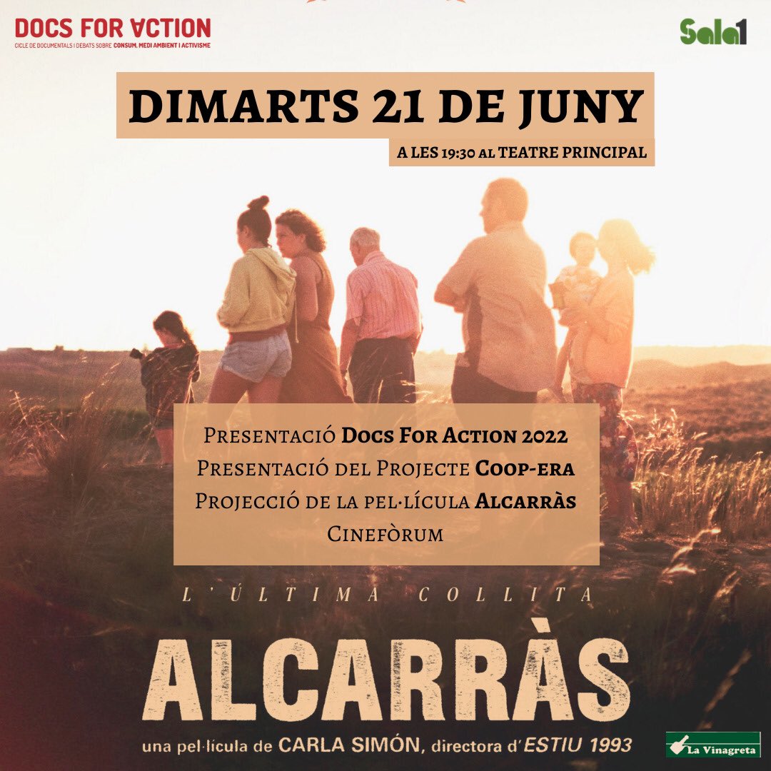 DocsForAction's tweet photo. Torna @docsforAction, cicle de documentals sobre emergència climàtica i activisme. Aquest dimarts 21/06 presentem el #DFA2022 amb la projecció d'ALCARRÀS de la Carla Simón, en col.laboració amb @sala1Cineclub. @LaVinagretaVng #ProuTerrarisme #NotenimplanetaB #ExtinctionRebellion https://t.co/u91DZhAFnY