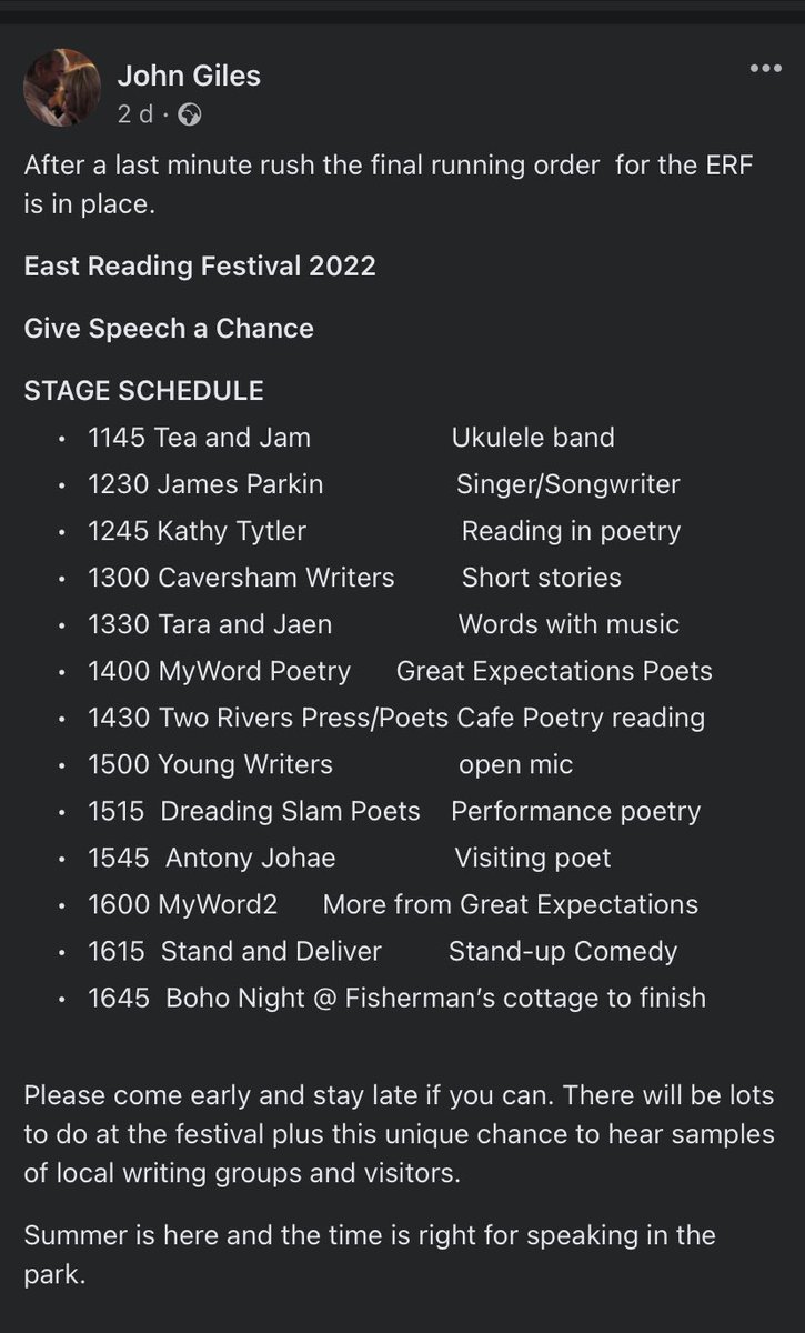 dreadingslam's tweet photo. Looking forward to our act at 15.15 which will feature various styles typical of our #poetryslam event and will give a taster of what to expect at our event @RisingSunArts on the first Sunday of the month
#poetrycommunity #creativeReading #spokenword https://t.co/rNb6VlcVeo