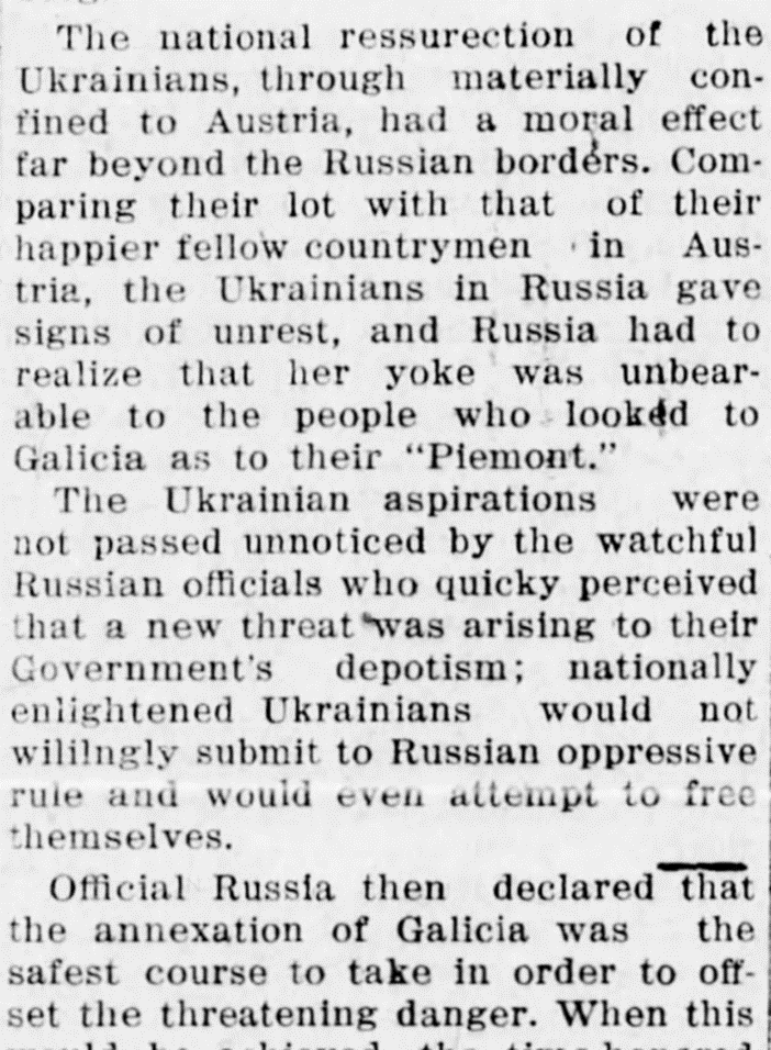chuckcze's tweet photo. @McFaul Article from Nov 1914, 108 years ago. Replace "Galicia" with Ukraine, and "Austria" with NATO or the West. Clearly history is repeating itself. https://t.co/XwktJ3gblh
