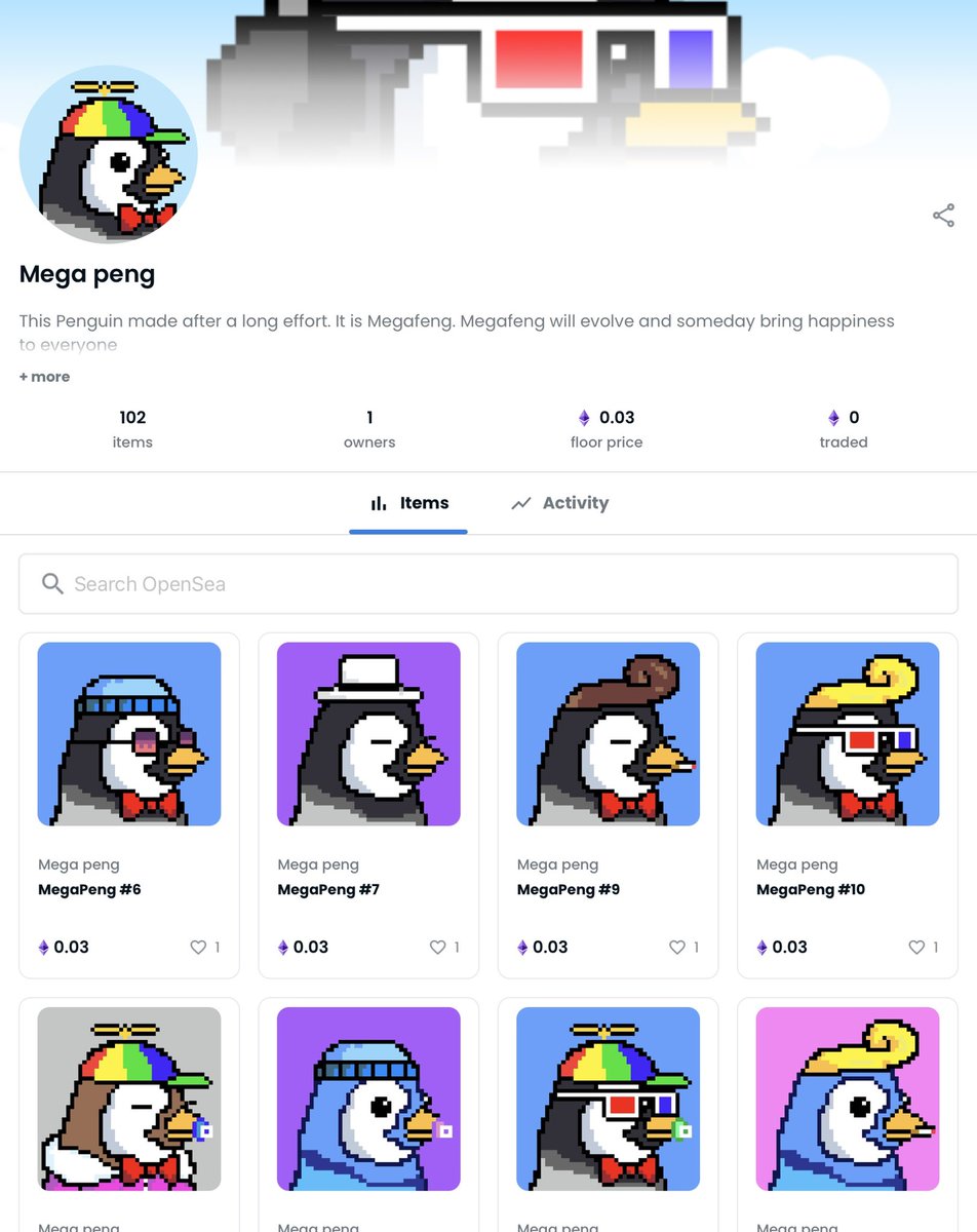 Hi, long time no see. Penguin friends finally began to be born. More penguins will be born in the future, so please show a lot of interest and support.

#NFT #NFTs #nftcollector #NFTCommunity #opensea #megapeng