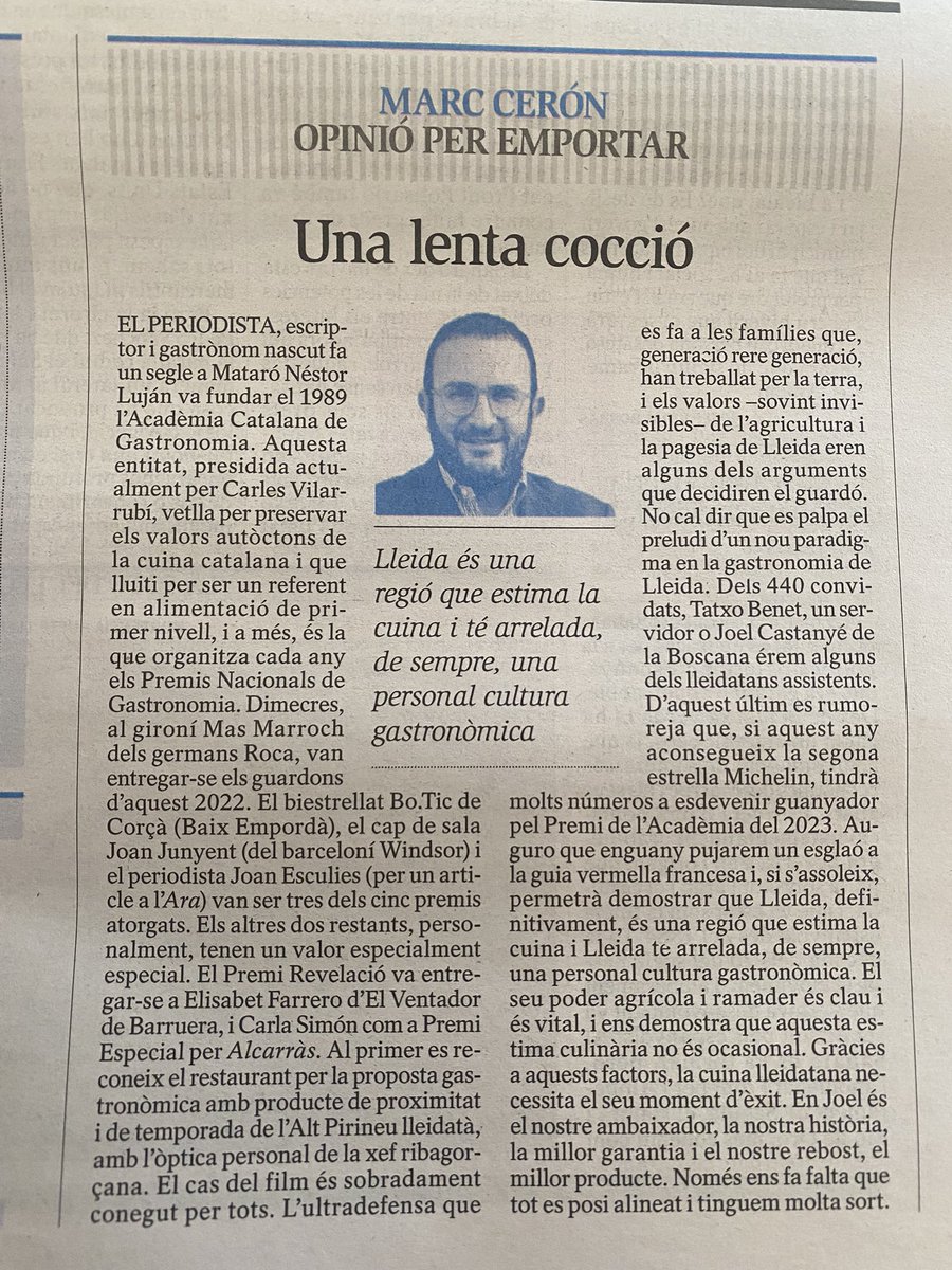 ManelSoleA's tweet photo. El @marcceron, un vegada més, ens invita autoestimar-nos. Aquest cop, a través de la #cuinalleidatana, ficant en valor els nostres productes de #km0 que elaboren i ofereixen els autònoms i les empreses del #sectorprimari lleidatà: #ramaderia i #agricultura. https://t.co/Cz7bs88WhN