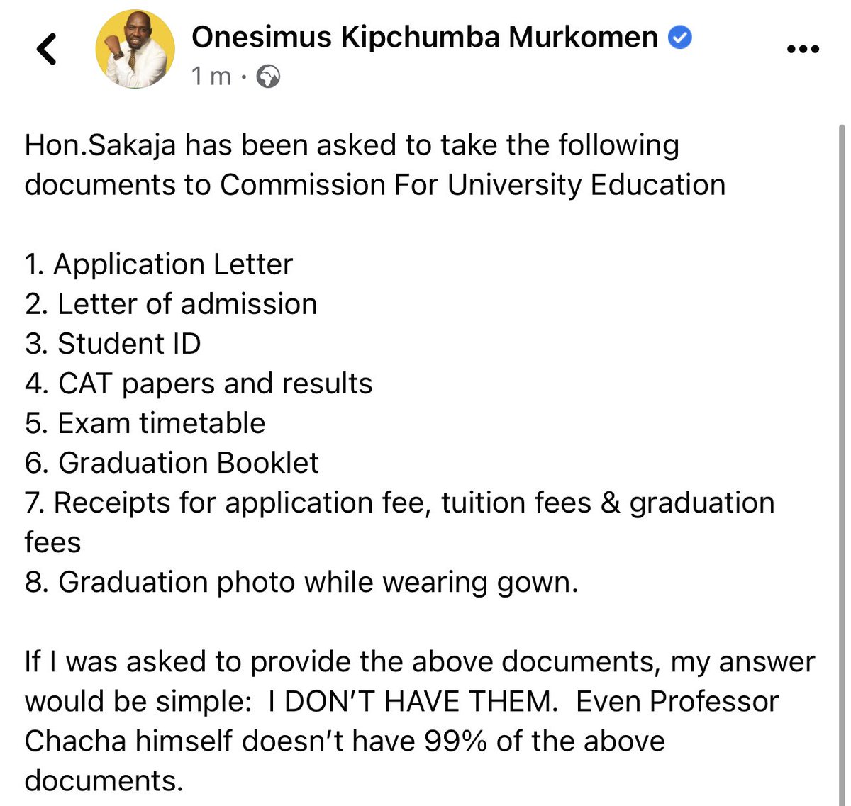 kipmurkomen's tweet photo. If the Commission for University Education has asked me to provide the documents they are asking Sakaja my answer would be simple: I don’t have them. Who keeps exam time table, application letter, fees receipts etc ? That’s a big fat joke https://t.co/3wa9dCIa1d