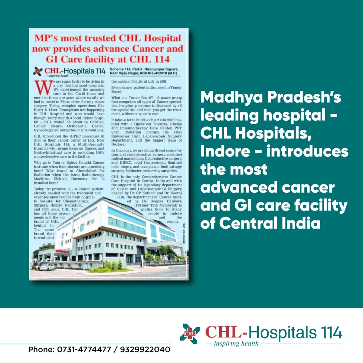 CHLHospitals's tweet photo. CHL Hospital brings you another gleam of hope in the form of advanced cancer and GI care facility at CHL 114.
With the constant battle against medical hurdles, CHL Hospitals promises you good health.
#ChlHospital114 #breastcancer #NewCHLHospital114 #CHL #NowinIndore #Emergency https://t.co/2554wYQuNg