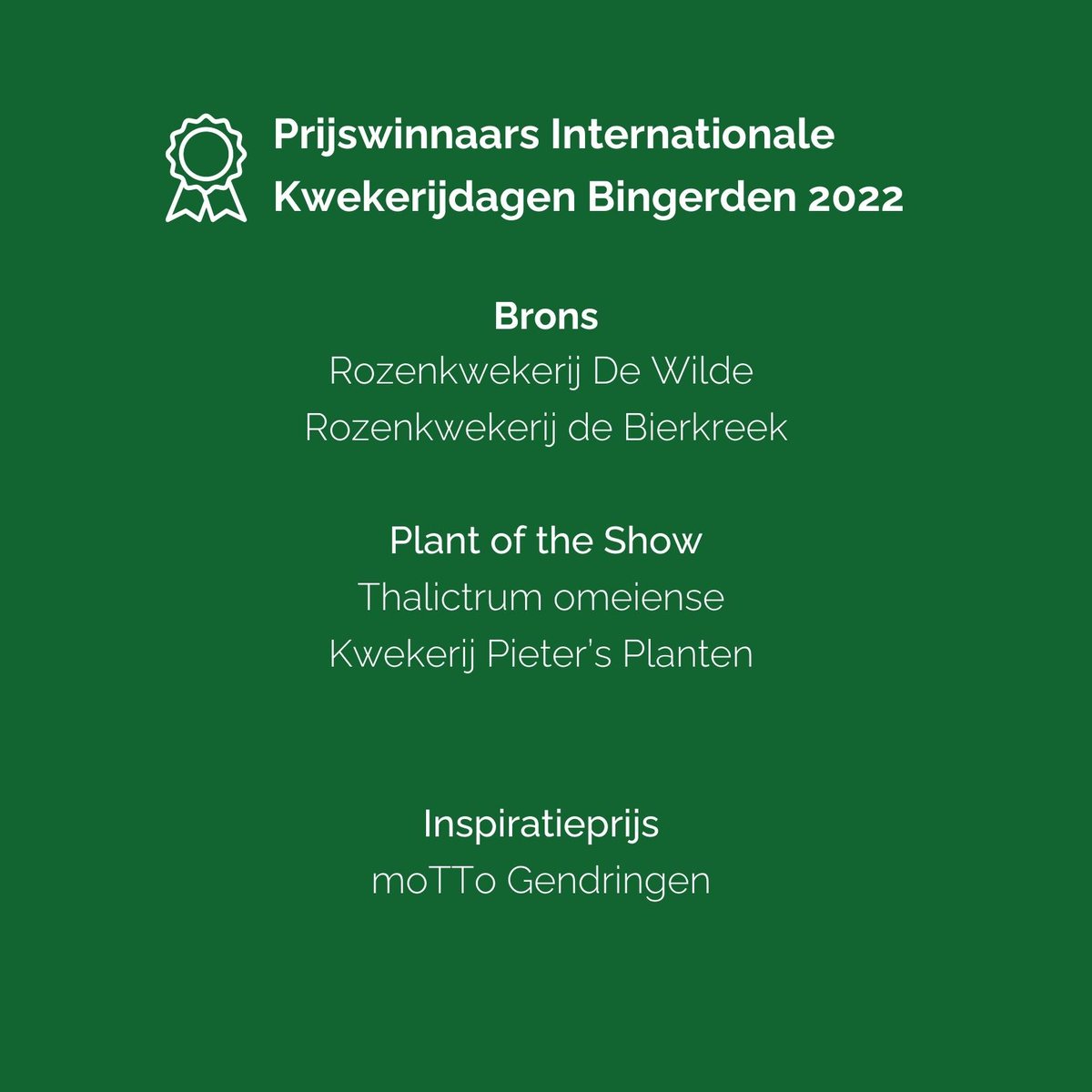 De prijswinnaars van de Internationale Kwekerijdagen Bingerden 2022 zijn bekend! 🏆 Gefeliciteerd aan alle winnaars en we wensen jullie nog een mooi weekend toe.

#bingerden #kwekerijdagen #kwekenvoordetoekomst #kwekerij #kwekers #kweker #plantbreeder #nurserydays