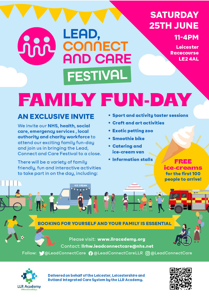 NHS_LLR's tweet photo. Celebrate the end of the Lead, Connect and Care Festival at a family fun-day on Saturday 25th June at Leicester Racecourse, open exclusively to our health, social care, emergency services and charity workforce and your families. Booking is essential: https://t.co/QRPYJ0tZOx https://t.co/YFEnX1pFO3