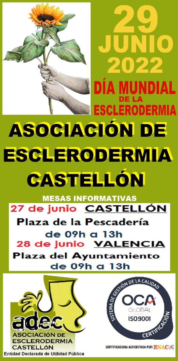 📣Lunes 27 de junio de 2022 de 9 h. a 13:30 h Plaza de la Pescadería, Castellón.
El DIA MUNDIAL DE LA ESCLERODERMIA 

Os esperamos, "CONVIVIR CON UNA ENFERMEDAD RARA: HAY UN GEESTO QUE LO CAMBIA TODO"

#cocemfecastello #adec #esclerodermia #enfermedadrara #feder