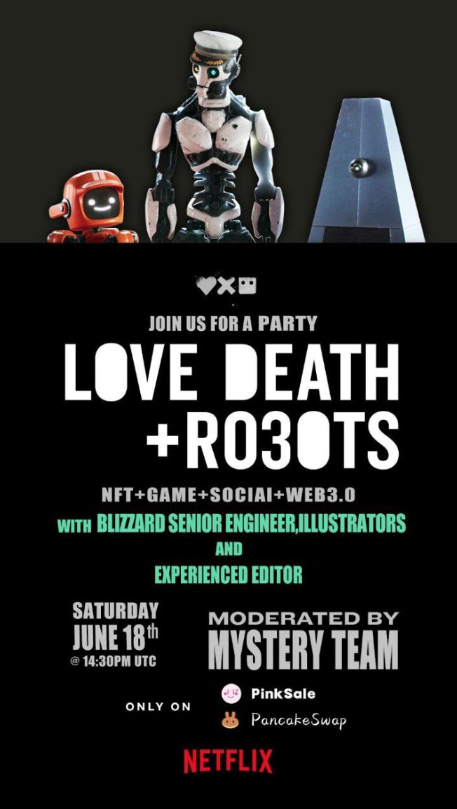 lovedeath3robot's tweet photo. Hi! Global fans, our presale is about to start, stay tuned for information on Telegram and Twitter. Only 3 hours left now! #presale #lovedeathandrobots #LDR #pinksale https://t.co/kzUUE871pH