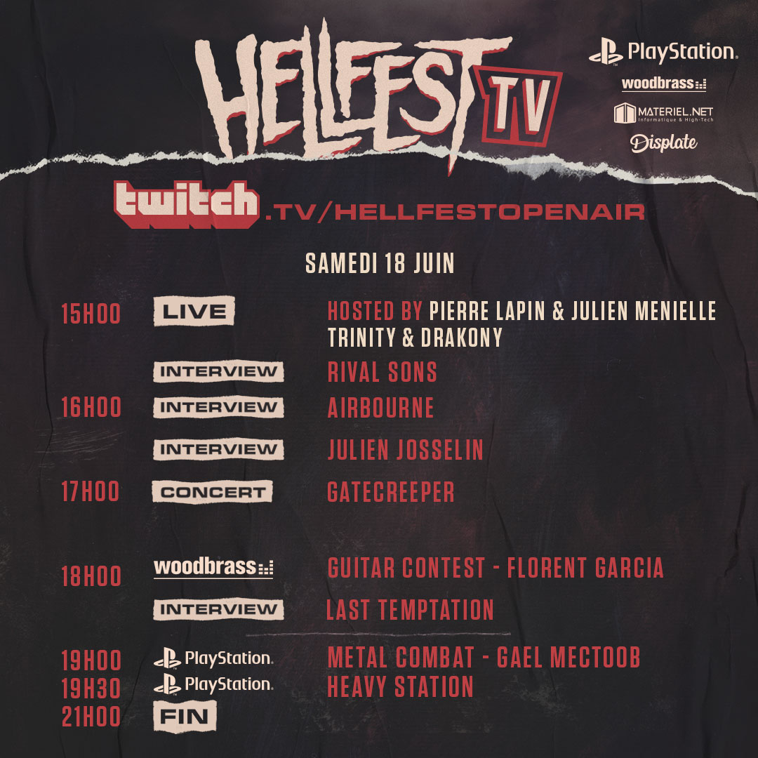 📺 HELLFEST TV : ON AIR sur twitch.tv/hellfestopenair 💥

🎙 @mythiXTrinity @Drakony_ @pierrelapin @jmnl 
🎤 @rivalsons @Airbourne @JulienJosselin @FlorentGarcia9 #LastTemptation @Mectoob 

💻 @PlayStationFR @woodbrass @materielnet @Displate 
#hellfesttv #twitchfrance