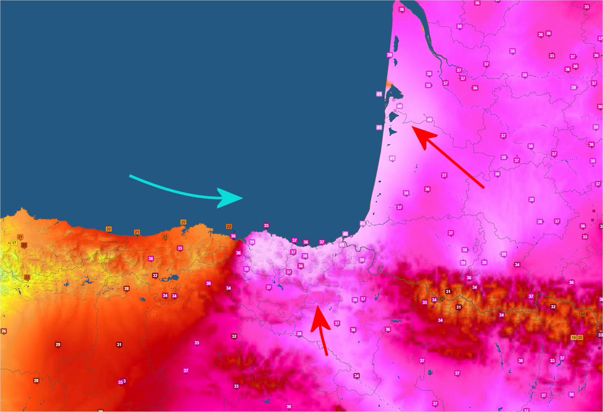 20°C d'écart entre Santander #Espagne où il ne fait plus que 20°C avec des vents d'ouest et le #paysbasque et #Aquitaine où on dépasse 41°C.
Les vents d'ouest vont entrer brutalement côté français en fin de journée, faisant chuter la température de 15/20°C. #galerne 