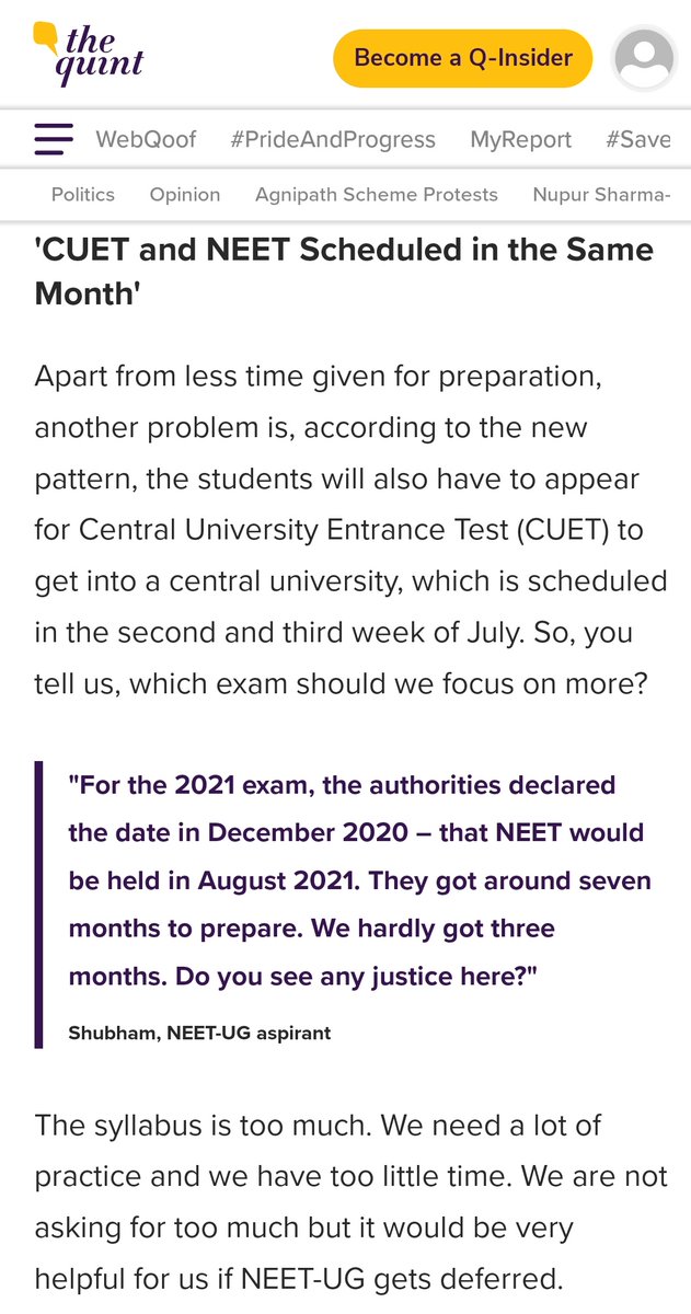 NUSA_NEETUG's tweet photo. A Detailed Report on @TheQuint &amp; @QuintMyReport on NEET-UG postponement covering all our issues. Authorities should read this news article &amp; should postpone NEET-UG at least for 30-40 days.

@dpradhanbjp @EduMinOfIndia 

#JusticeforNEETUG https://t.co/UB3UUi5EwO