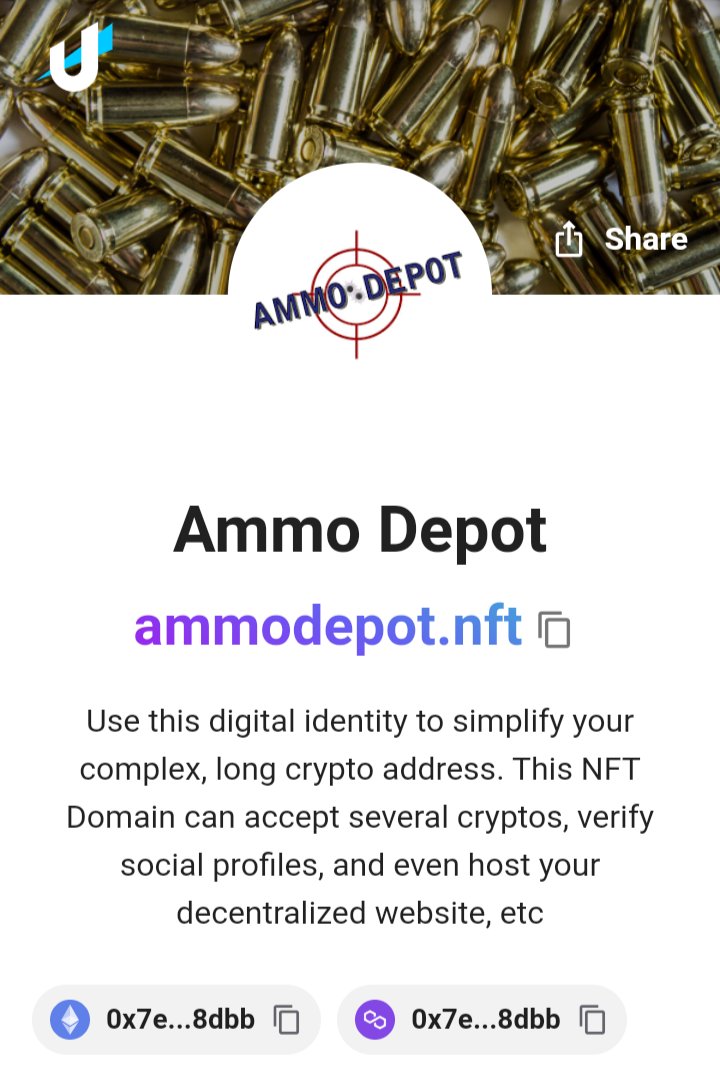 fastfwdcrypto's tweet photo. Had ammodepot.wallet ,and added ammodepot.nft today. Here's the profile page. Securing another great extension to a popular common website. #Udfam🚀 #ammodepot @unstoppableweb #ammo #ammunition #digitalidenity #NFT https://t.co/MH3VpIM6cy