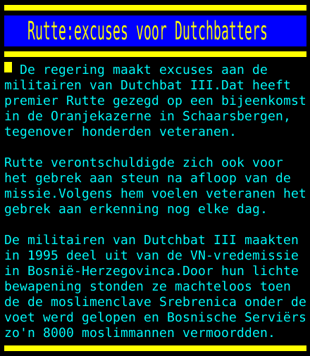 Teletekst's tweet photo. Rutte:excuses voor Dutchbatters https://t.co/NP0LwqjOgl