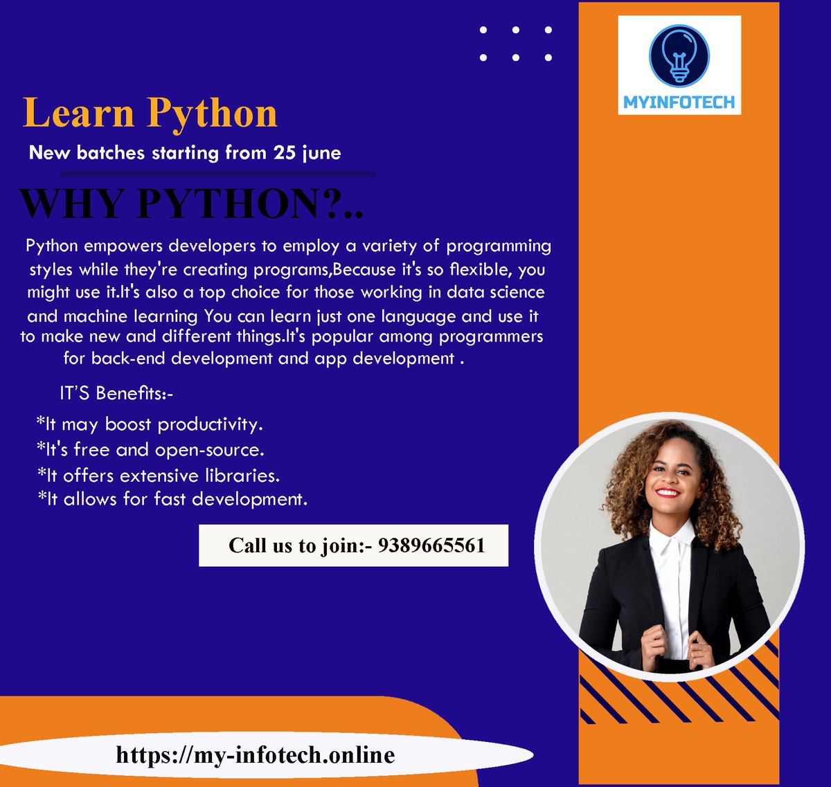 myinfotech1's tweet photo. Learn the most popular language which offers a more flexible approach to programming
New batches starting from 25 June,22
Only a few seats left, hurry up - call us to book your place. 
+919389665561
#ython #webdevelopment #webwork
#pythonweb #pythondjango 
#pythonwebwork #web https://t.co/bDzLLrwz30