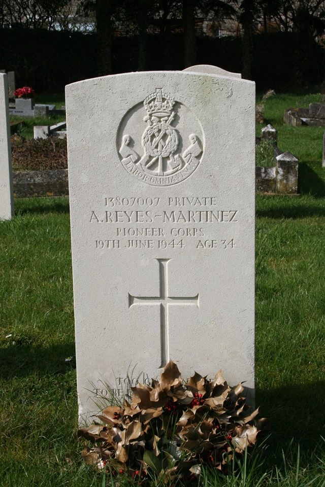 Remembering - Private A. Reyes-Martinez Pioneer Corps who died on the 19th June 1944, buried in Chippenham Cemetery.

Husband of Dorothy Reyes-Martinez of Chippenham.
