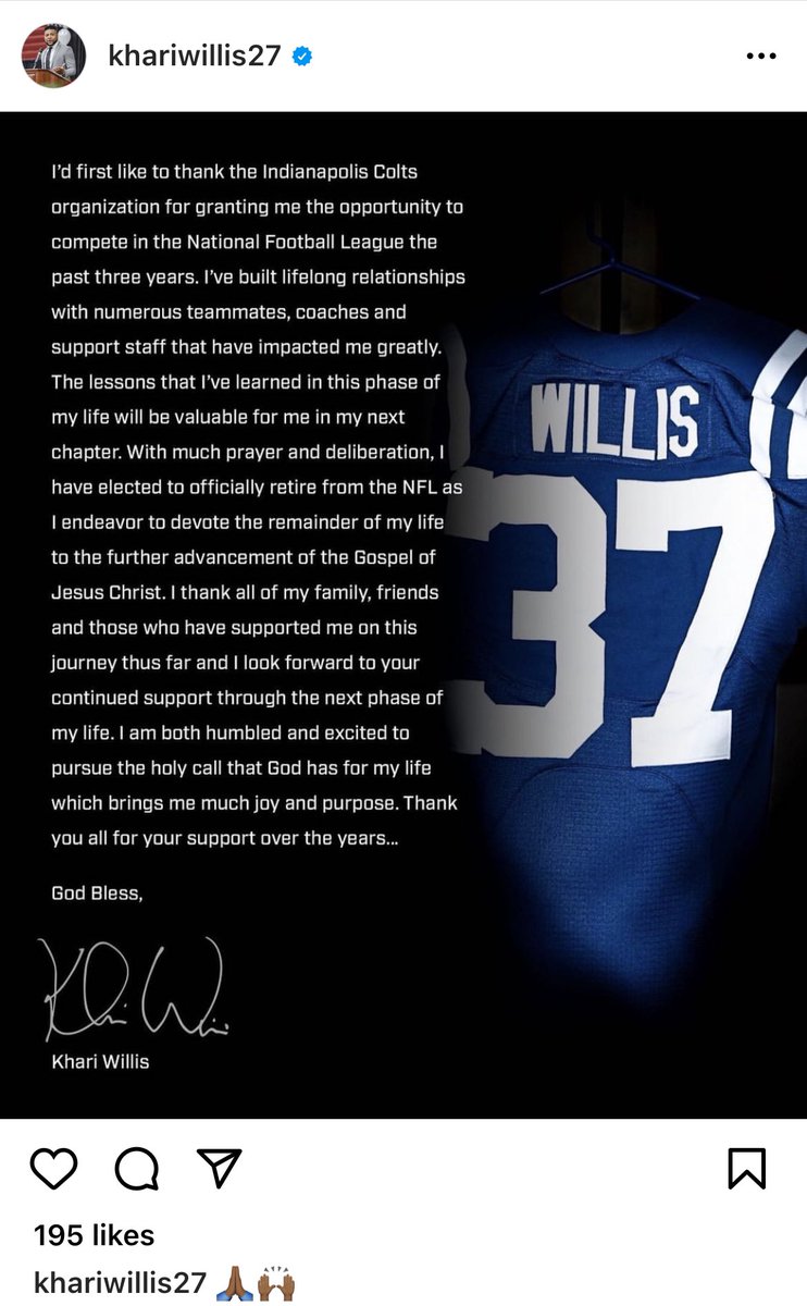 The_Idol_Killer's tweet photo. #KhariWillis is leaving the NFL &amp; passing up millions of dollars to devote the rest of his life to advancing the Gospel of Jesus Christ. That's truly a winning play. Well done brother. https://t.co/pi5ZXVzBh7