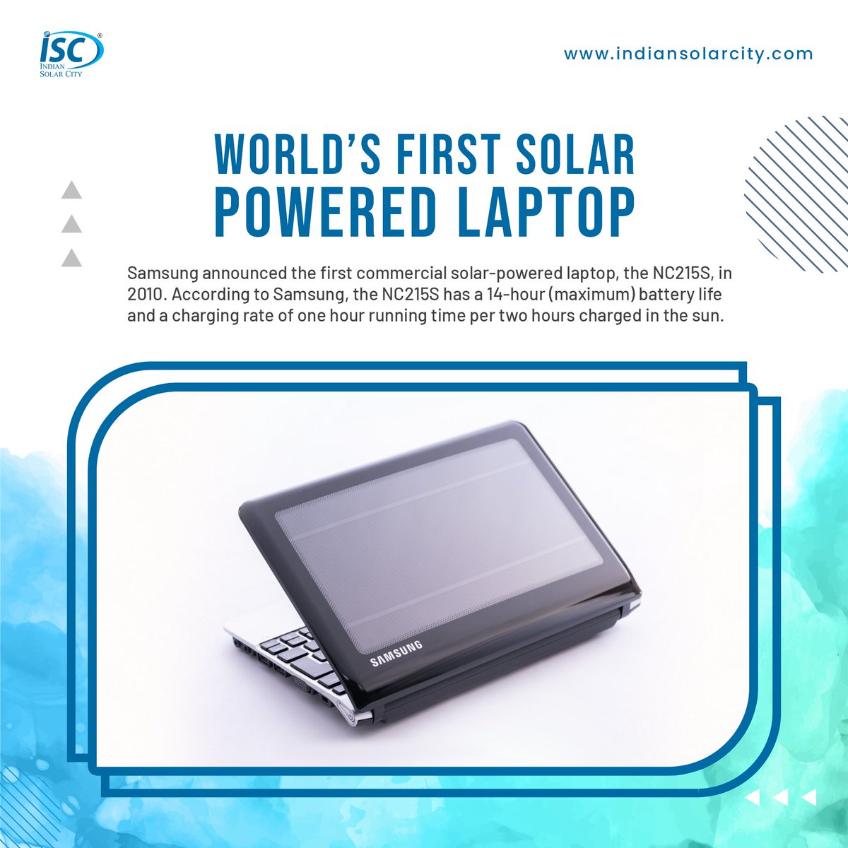 ISCCleantech's tweet photo. Although we do not deal in the above product but we couldn't help sharing this!
------⠀
The first commercial solar-powered laptop, the NC215S, was announced in 2010. It had a 14-hour battery life and a charging rate of one hour running time per two hours charged in the sun. https://t.co/kYj8GHudSv