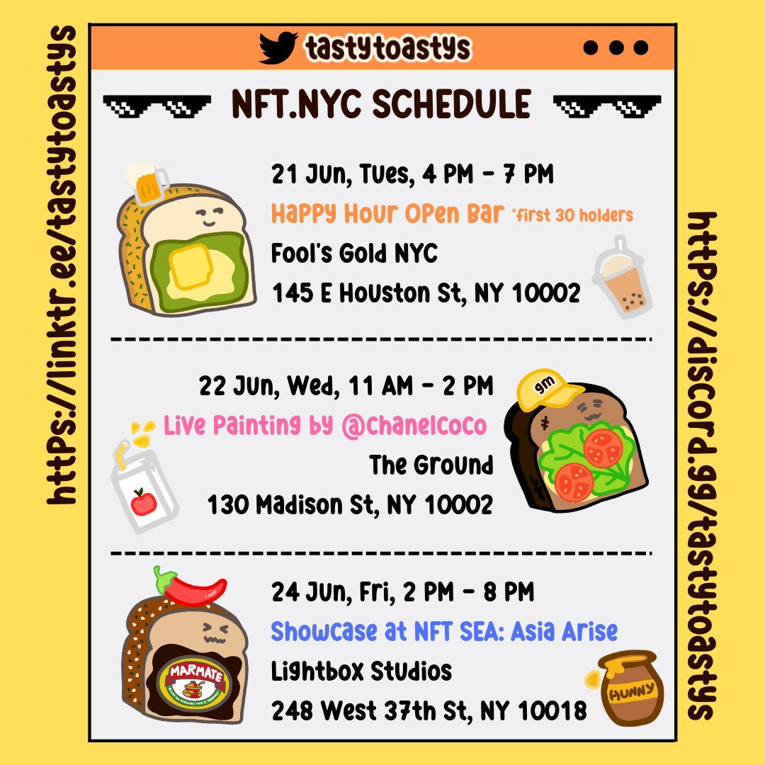 tastytoastys's tweet image. gm ☀️ rain or shine, we’re getting some bread! 🍞❤️

Here’s what to look forward to at NFT.NYC next week; @chanelcoco / @wooitsjeff / @0xArnoldeth can’t wait to meet you! 

#Breadish #Toastyfam