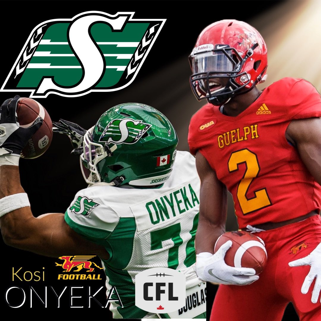 GryphonFB's tweet photo. Tune in Tonight. KOSI ONYEKA will get his first dress in a @CFL regular season game with the @sskroughriders as they play the @GoElks 🏈 You did it Kosi. #GryphonNation will be watching and supporting. #GryphonPride https://t.co/C8HxPAPxvm
