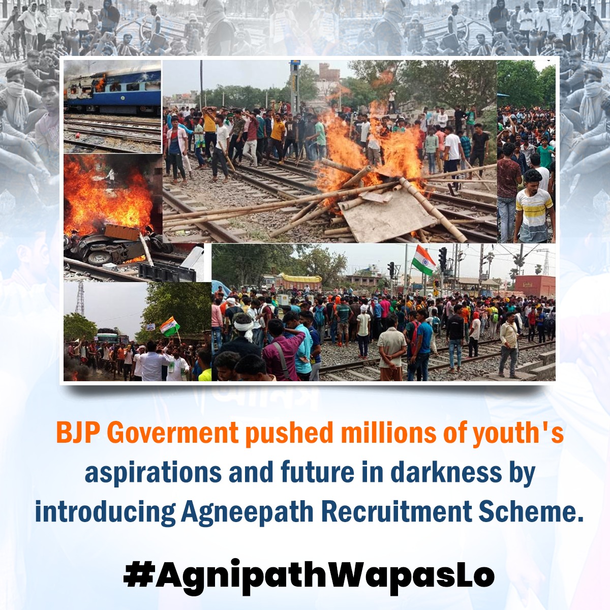 Rajasthan_PYC's tweet photo. BJP Goverment pushed millions of youth's aspirations and future in darkness by introducing Agneepath Recruitment Scheme.
#AgnipathWapasLo https://t.co/6RARb0rHnh