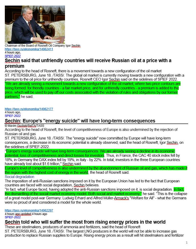 Energy_Tidbits's tweet photo. #Rosneft #Sechin blunt talk. #Oil prices split into fair mkt price vs premium payers. EU energy suicide to have long-term impact. #LNG suppliers can't sharply increase supply. Coal renaissance. green transition no longer needed as a way to manipulate the world. #OOTT #NatGas https://t.co/EP2NsXt32e