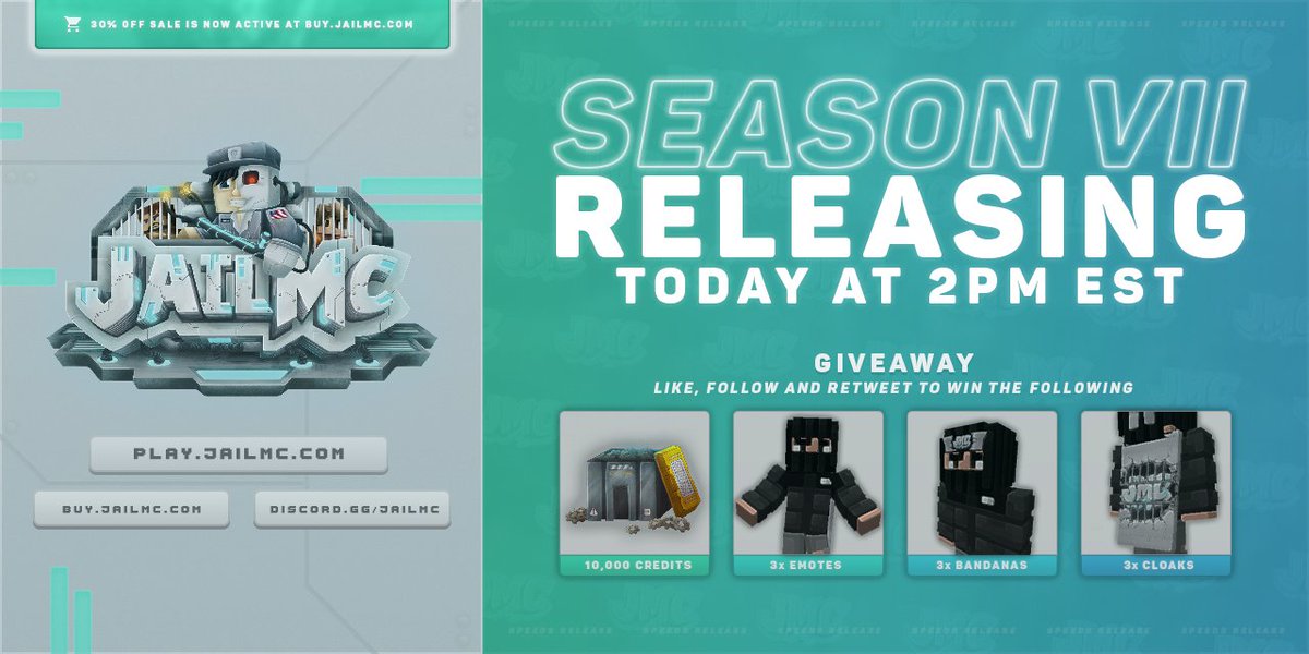 OP Prison Season VII is releasing today at 2PM EST!🚀

In celebration, enter the giveaway! ⤵️
• 3x 10,000 Credits
• 3x Lunar Cloaks
• 3x Lunar Emotes

To enter: Follow <a href="/JailMCPrison/">JailMC</a>, retweet, &amp; comment your IGN! 📣

IP: play.jailmc.com
Discord: discord.gg/jailmc