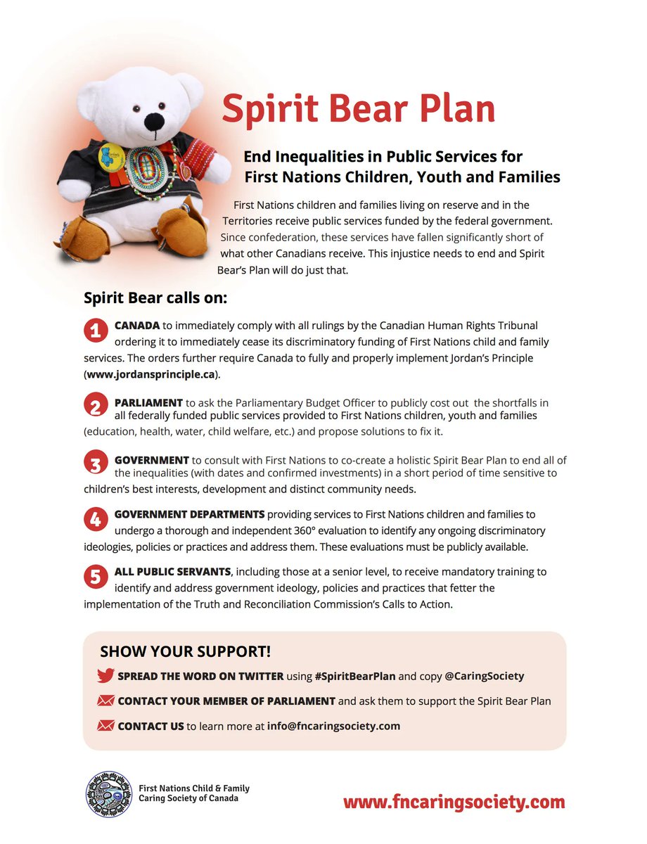Today, for #NationalIndigenousHistoryMonth, I will read about the <a href="/CaringSociety/">First Nations Child & Family Caring Society</a>’s Spirit Bear Plan, which outlines how to end disparities in public services for First Nations children, youth, and families. 

buff.ly/2K0oHHX