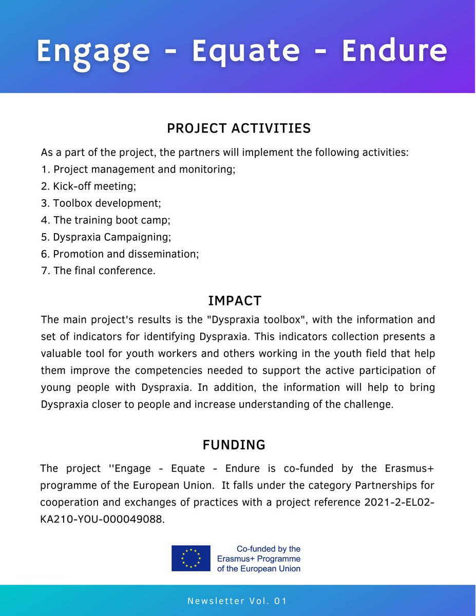 hellasforus's tweet photo. This is the 1st Newsletter of the project ''Engage - Equate - Endure'' that was funded by the Erasmus+ programme of the European Union and is supported by the ''Youth and Lifelong Learning Foundation''.

#hellasforus #3e #erasmusplus #erasmusplusgreece https://t.co/ArNP8bVUZE