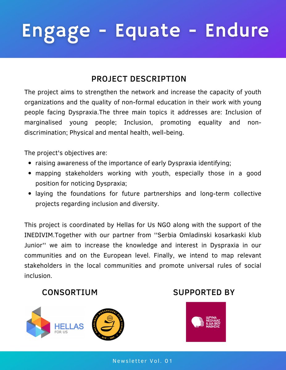 hellasforus's tweet photo. This is the 1st Newsletter of the project ''Engage - Equate - Endure'' that was funded by the Erasmus+ programme of the European Union and is supported by the ''Youth and Lifelong Learning Foundation''.

#hellasforus #3e #erasmusplus #erasmusplusgreece https://t.co/ArNP8bVUZE