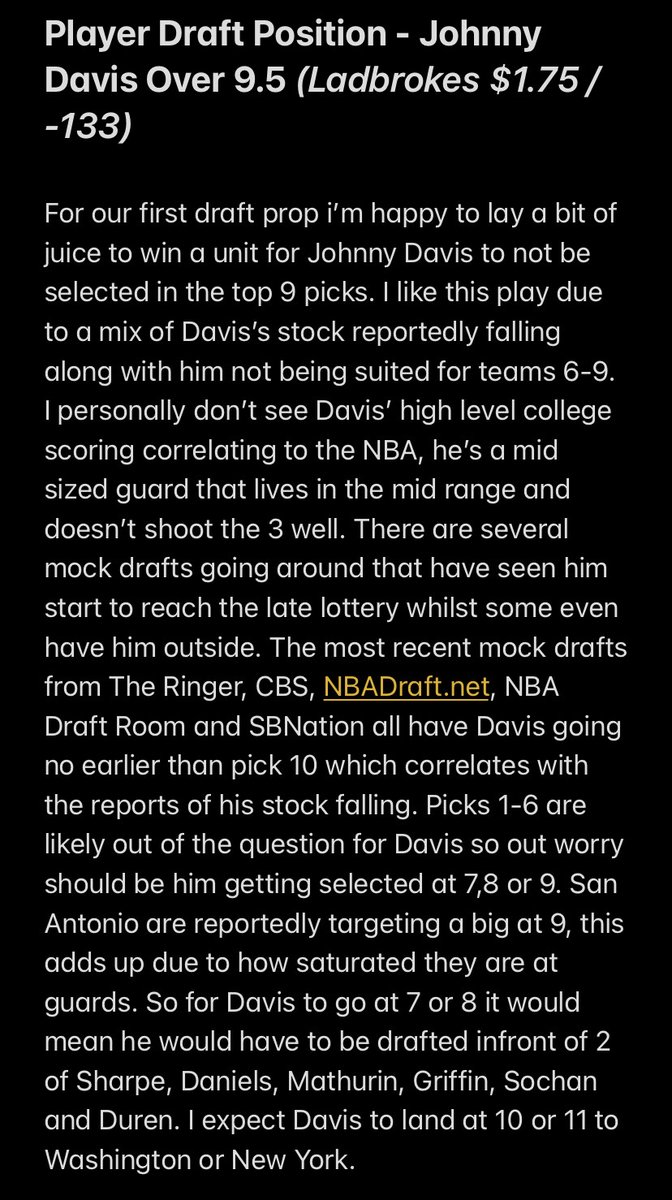 aus_bets's tweet photo. 1U - Johnny Davis Draft Position Over 9.5
I doubt we see Davis go in the top 9 come draft night, I don't think we get this number for much longer. Read below for my analysis of the play.
#nbabets #DraftProps #GamblingTwitter https://t.co/YYgogNMXzy