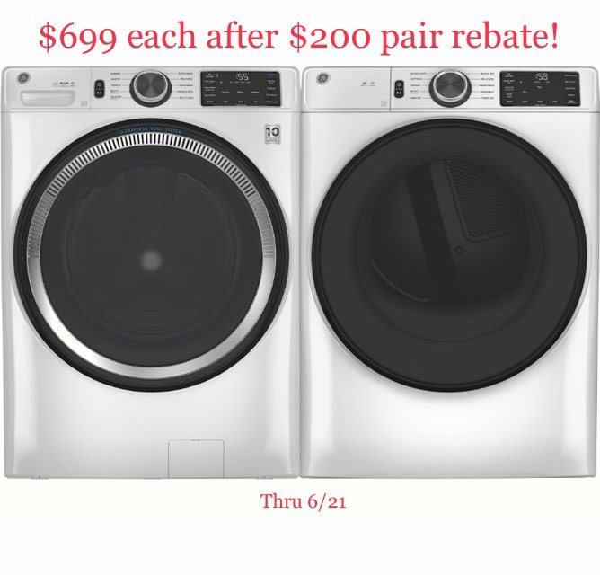 JohnsAppliances's tweet photo. Through Monday, get this GE front load laundry pair for $699 each after $200 mail-in rebate! Shop now: https://t.co/036uppoQCx https://t.co/DESAFP56Fd
